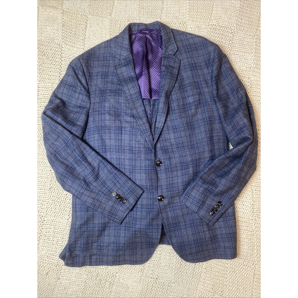 Ted Baker Endurance Men 44R Kyle SPJ Sport Coat Silk Wool Plaid Blazer Blue Grey